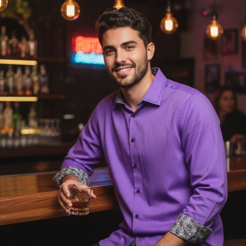 Harve Benard Men's Casual Purple Long Sleeve. Button Down Shirt